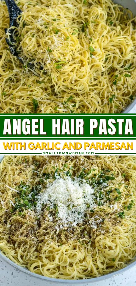 Say hello to your new favorite pasta dish! It's a quick and easy side dish recipe that's ready in just 15 minutes. Cooked in garlic, herbs, and parmesan, this angel hair pasta is full of flavor! Angel Hair Side Dish, Pesto Angel Hair Pasta, Angel Hair Pasta Salad Cold, Angle Hair Pasta Recipe, Angel Hair Pasta Recipes Easy, Angelhair Pasta Recipes, Angle Hair Pasta Recipes, Garlic Herb Pasta, Garlic Angel Hair Pasta