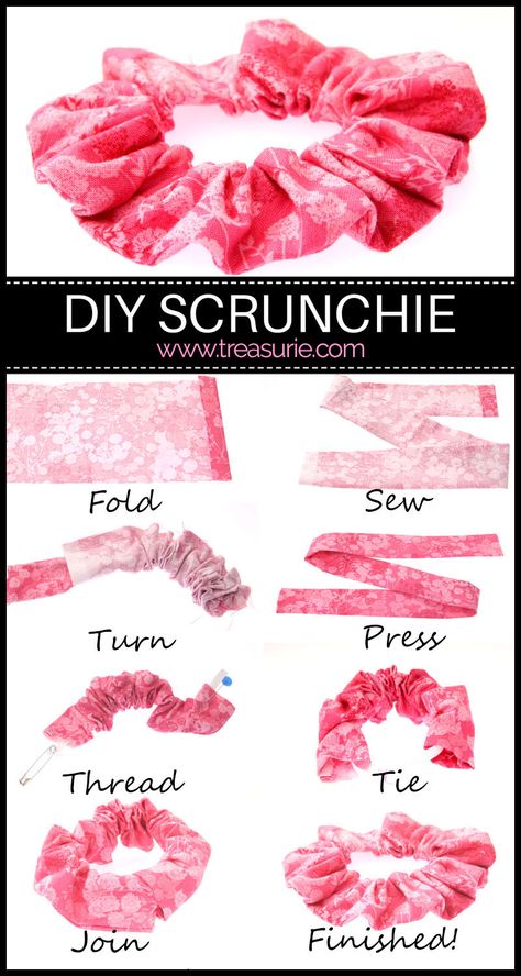 How to Make a Scrunchie |DIY Scrunchie {2 sizes} | TREASURIE Diy Scrunchie, Create Kids Couture, How To Make Scrunchies, Hair Ties Diy, Diy Hair Scrunchies, Diy Sewing Tutorials, Scrunchies Diy, Diy Bow, Sewing Projects For Beginners