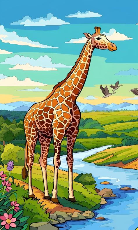 Drawing Of Giraffe Easy, Giraffe Painting Easy, Colorful Giraffe Painting, Animal Sketches Easy, Giraffe Cartoon, Giraffe Drawing, Old Film Posters, Poster Color Painting, Ancient Drawings