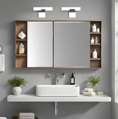 8 Creative Mirror Ideas for Small Bathrooms 2 Bathroom Mirror Ideas Storage, Bathroom Mirror Ideas With Shelf, Mirror Shelf Bathroom, Creative Mirror Ideas, Mirror Accent Wall, Mirror Wall Tiles, Creative Mirror, Small Bathroom Mirrors, Bathroom Mirror With Shelf