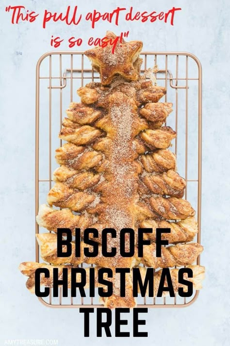 5 ingredient easy pull apart dessert! A puff pastry Christmas tree made from ready rolled puff pastry - filled with Lotus Biscoff spread and sprinkled with cinnamon sugar fresh from the oven. This tear and share dessert tastes just like freshly made churros. Dip in warm Biscoff spread for the ultimate dessert! Puff Pastry Biscoff Christmas Trees, Puff Pastry Christmas Tree Dessert, Cinnamon Sugar Puff Pastry Christmas Tree, Biscoff Puff Pastry Tree, Biscoff Puff Pastry Twists, Tear And Share Nutella Christmas Tree, Puff Pastry Pull Apart Christmas Tree, Biscoff Christmas Tree, Tear And Share Christmas Tree