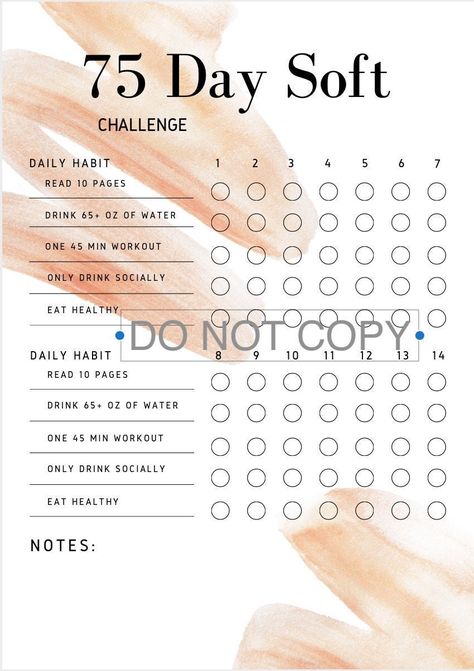 "This is a twist on the 75 Hard Challenge that we have seen all over TikTok. I have created a pdf for download as a checklist for the \"Soft 75\", which includes 10 pages of reading a day, 65 + oz of water, only social drink, eating healthy and 1 45 minute workout a day. It is a 6 page pdf with a checkbox for each day, it allows for flexible dates, includes space for notes." 45 Min Workout, Habit Tracker Digital, Soft Challenge, 75 Hard Challenge, 45 Minute Workout, Wellness Challenge, 75 Hard, Mental And Emotional Health, Habit Tracker