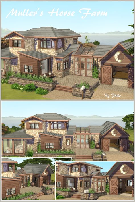 Fancy Country House, Sims 4 Wrap Around Porch, Sims Farmhouse Layout, Sims 4 Rustic Farmhouse, Ranch Style Homes Sims 4, Sims 4 Modern Ranch House, Sims 4 Country House Floor Plans, Sims Horse Stable, Farm Sims 4 House