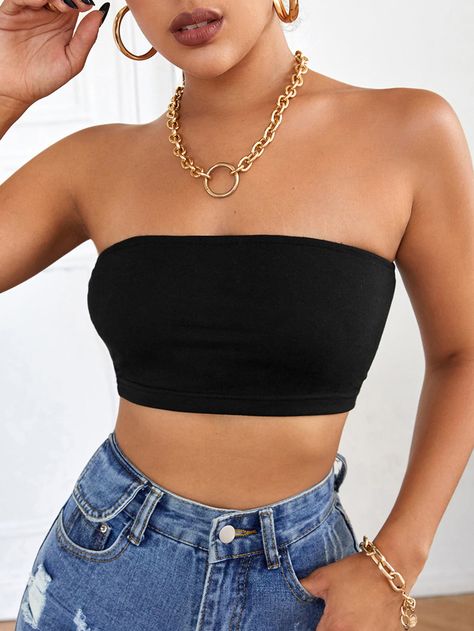 Black Tube Outfit, Bandeau Top Outfit, Bandeau Top Outfits, Bandeau Outfit, Crop Top Outfits Summer, Black Bandeau Top, Tube Top Outfits, Black Tube Top, Black Corset Top