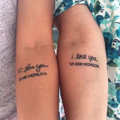 i-love-you-roman-numerals-forearm-tattoos-matching-mom-and-daughter-tattoos Husband Wife Tattoos, Mom Daughter Tattoos, Wife Tattoo, Couples Tattoo Designs, Couple Tattoo, Mother Tattoos, Парные Тату, Matching Couple Tattoos, Mother Daughter Tattoos