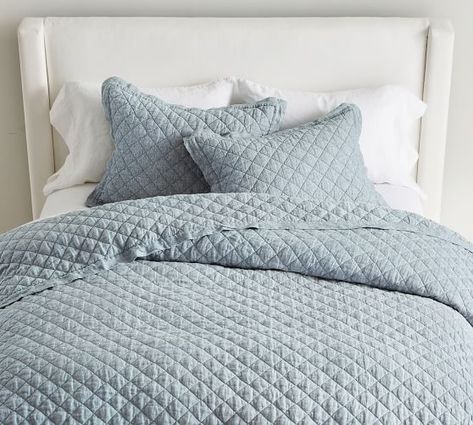 Blues Quilts & Coverlets | Pottery Barn Pottery Barn Quilts, Solid Quilt, Linen Sheet Sets, Fibre And Fabric, Apartment Bedroom, Linen Quilt, Williams Sonoma Home, Quilted Sham, Linen Sheets