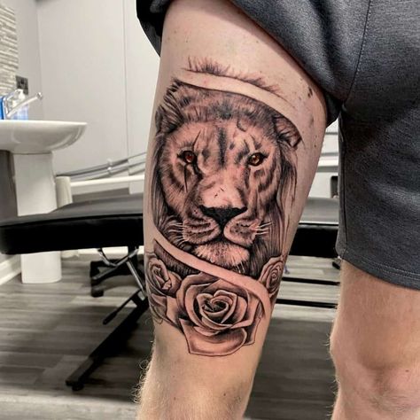 Thigh Lion Tattoo Man, Lion Quad Tattoo Men, Best Thigh Tattoos Men, Tattoo For Legs For Men, Lion On Leg Tattoo, Lion Tattoo On Thigh Men, Tiger Thigh Tattoo Men, Leg Lion Tattoo Men, Mens Lion Tattoo Leg