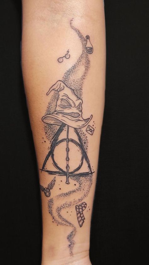 Dotwork deathly hallows with Sorting Hat forearm tattoo Harry Potter Tattoo Unique, Hallows Tattoo, Nerd Tattoos, Tattoo Ideas With Meaning, Meaning Art, Harry Tattoos, Floral Thigh Tattoos, Potter Tattoo, Nerd Tattoo