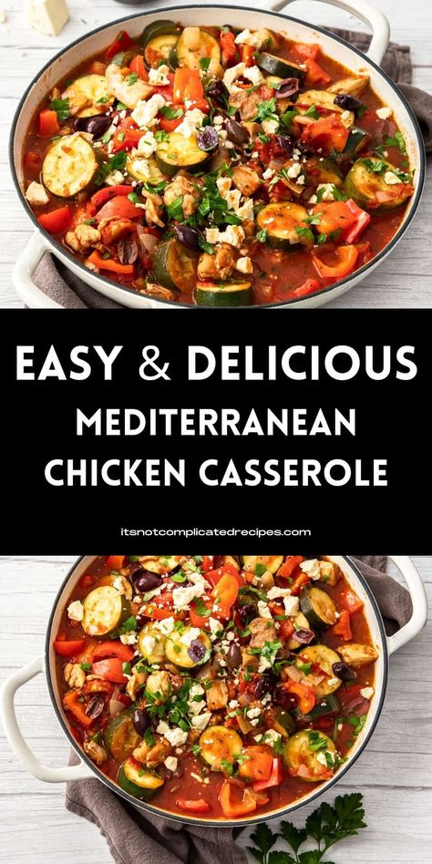 If you feel the need for comfort food that is quick and easy to prepare, look no further than this full-of-flavour Mediterranean Chicken Casserole. This one-pot meal is easy enough for a weeknight or ideal for relaxed weekend entertaining. As a bonus, it can be made ahead of time. Be certain, your family and friends will love it. One Pot Mediterranean Diet Recipes, Mediterranean Make Ahead Meals, Easy Eats Dietician, One Pot Mediterranean Chicken, Mediterranean Shredded Chicken, Mediterranean Diet Recipes For Crock Pot, Mediterranean Diet Comfort Food, Rotisserie Chicken Recipes Mediterranean, Mediterranean Dutch Oven Recipes