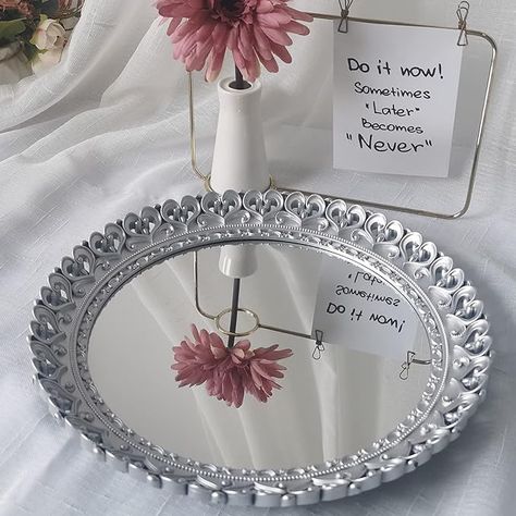 Amazon.com: Yash YANIZU Decorative Mirror Tray, Round Hollowed Out Design, Organizer for Makeup, Jewelry, Perfume, Vintage Display and Serving Tray for Dresser, Counter and Coffee Table, 12''X 12'', Silver : Home & Kitchen Mirror Table Decor, Mirrored Table Decor, Tray For Dresser, Organizer For Makeup, French Style Mirrors, Mirrored Vanity, Perfume Vintage, Mirror Vanity Tray, Mirror Crafts