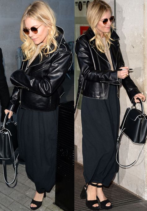 Sienna stepped out in a leather jacket over a knitted sweater. Sienna Miller Leather Jacket, Siena Miller, Sienna Miller Style, Miu Miu Sandals, Family Man, Bbc Radio 1, First Meeting, Biker Jackets, Mark Wahlberg