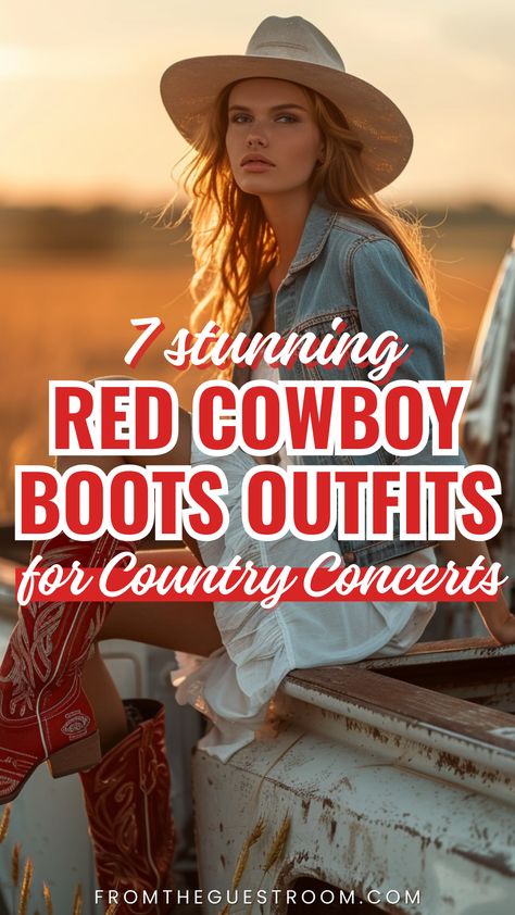 a woman wears red cowboy boots for country concerts, western outfits Womens Red Cowboy Boots, Game Day Outfit With Cowboy Boots, Western Outfits Women Red Boots, Cowboy Boots Outfit Fall Casual, Red Tecovas Outfit, What To Wear With Red Boots, Red Boots Concert Outfit, What To Wear With Red Cowboy Boots, Red Cowboy Boots Outfit Jeans