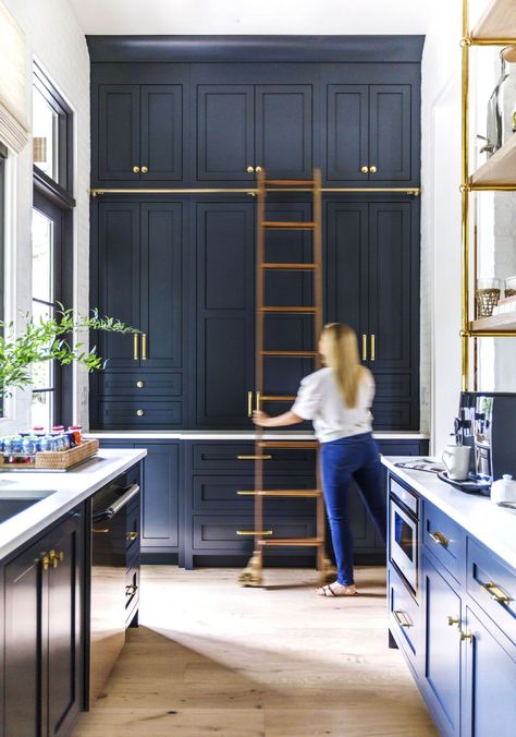 Rolling Kitchen Ladders Add Extra Square Footage Kitchen Ladder, Ladder Storage, Clutter Free Kitchen, Library Ladder, Kitchen Storage Space, All White Kitchen, Tidy Kitchen, A Ladder, Peterborough