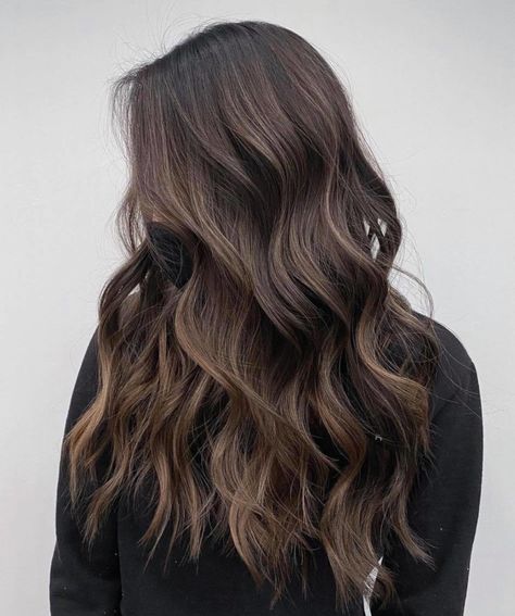 Cool Dark Brown Hair Balayage, Long Shaped Hair, Brown Hair W Dimension, Dyed Hair For Dark Brown Hair, Natural Brown Hair Balayage, Brown Highlights For Dark Brown Hair, Cool Brunette Hair Color Ash Brown Dark, Brunette With Ash Brown Highlights, Dark Toned Hair