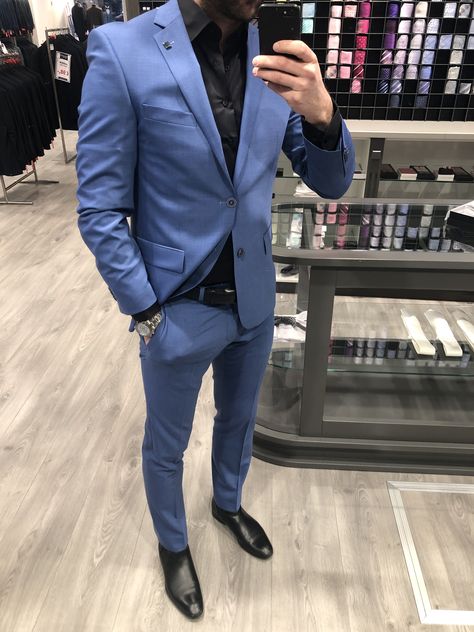 Light blue suit with Black Blue And Black Suit Men, Blue Suit With Black Shirt, Blue Suit Black Shirt, Black Suit Blue Shirt, Blue Summer Suit, Light Blue Shirt Outfit, Blue Coat Pant, Blue Suit For Men, Light Blue Suit Jacket