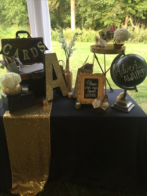 Cards and Guest Globe Set-up - Graduation Party - Travel Theme - Black, White and Gold Graduation Party Pictures, High School Graduation Party Decorations, Graduation Party Table, Trunk Party, Outdoor Graduation Parties, Outdoor Graduation, Senior Graduation Party, Gold Graduation Party, Graduation Party High