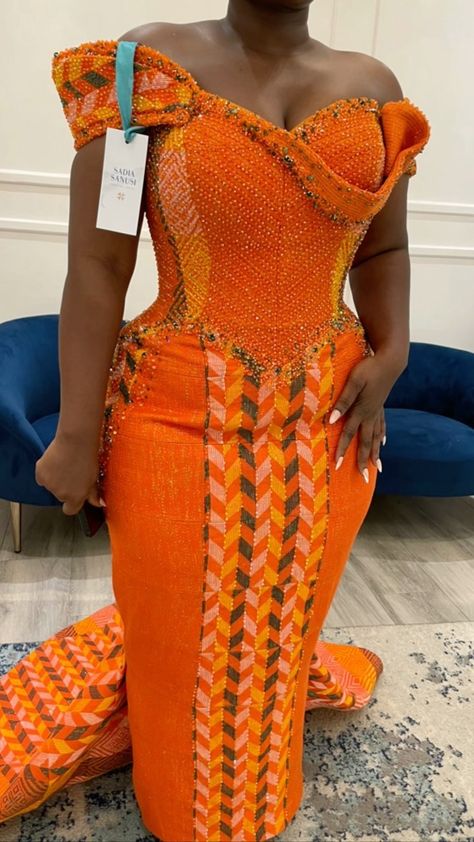 Orange Kente Styles For Engagement, Kente Styles For Engagement Ghana, Kente Dress, Traditional Gowns, Best African Dresses, Kente Styles, Ankara Gown Styles, African Wear Dresses, African Inspired Clothing