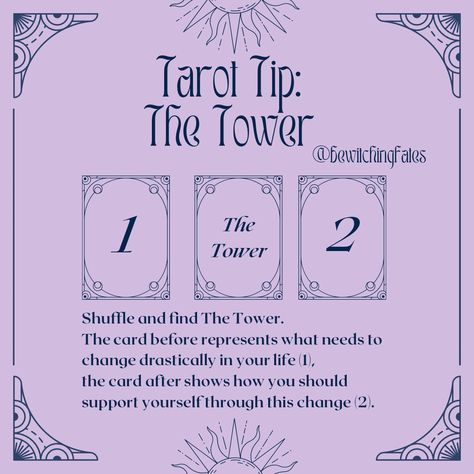 Tarot tip: the tower. Shuffle and find the tower. The card before represents what needs to change drastically in your life, and the card after shows how you should support yourself through this change. Divorce Tarot Spread, Sims Reference, Tower Moment, Tarot Card Layouts, Tower Card, The Tower Tarot, Tarot Reading Spreads, Free Tarot Cards, Tarot Card Readings