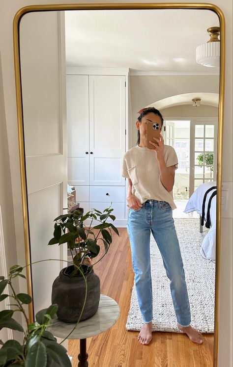 Knit top, straight leg jeans. Tap photo to shop. Straight Leg Jeans Outfits Spring, Straight Jeans Outfit Summer, Straight Leg Jeans Outfits Summer, Levi 501 Outfit, Slim Straight Jeans Outfit, Slim Jeans Outfit, Ankle Jeans Outfit, 501 Outfit, Straight Jeans Outfit