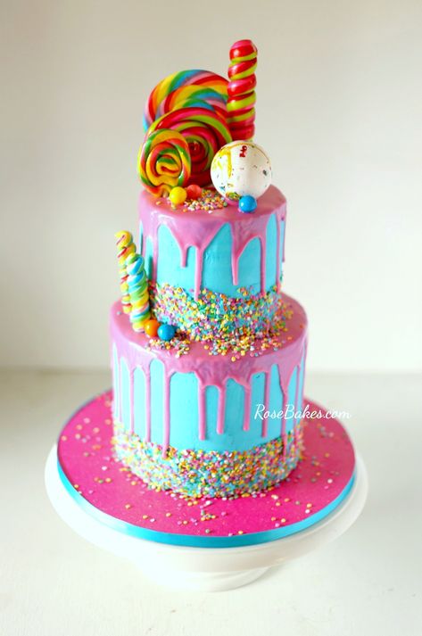 10 Pretty Ice Cream Cakes & Candy Cakes. Click on over to Rose Bakes to see some of my most popular Ice Cream and Candy Cake Designs! Pretty Ice Cream, Drip Cake Recipes, Homemade Buttercream Frosting, Candy Birthday Cakes, Ice Cream Cakes, Canned Frosting, Sweet 16 Birthday Cake, 16 Cake, Sweet 16 Cakes