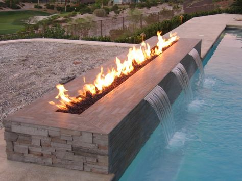 pool with waterfall and firepit - Bing Images Master Courtyard, Modern Outdoor Fireplace, Rectangular Swimming Pools, Outdoor Fire Pit Designs, Outdoor Fireplace Designs, Pool Waterfall, Modern Pools, Backyard Pool Designs, Hus Inspiration