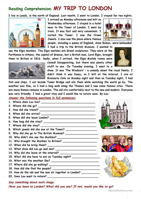 RC: My trip to London - English ESL Worksheets for distance learning and physical classrooms English Excercise, English Journal, Esl Reading, Reading Comprehension Lessons, English Teaching Materials, English Exercises, Trip To London, English Language Teaching, English Lessons For Kids