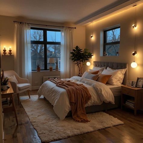 Simple Comfy Bedroom Ideas, Bedroom Decor Comfy, Moody Bed Rooms Inspiration, Bedroom Inspirations Led Lights Cozy, Bedroom Ideas Nyc Apartment, Aesthetic Couple Bedroom Ideas, Soft Lights In Bedroom, Apartment Bedroom Decor For Couples Cozy, Light Romantic Bedroom