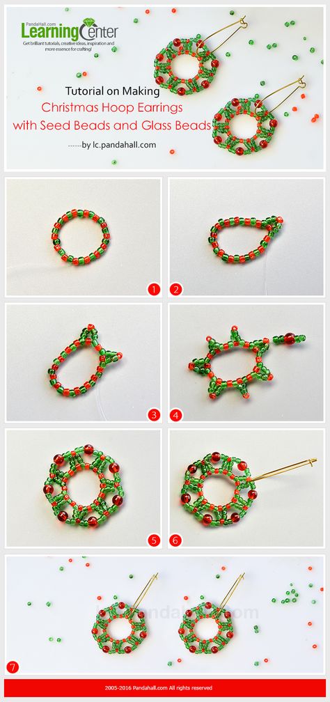 Tutorial on Making Christmas Hoop Earrings with Seed Beads and Glass Beads Christmas Beaded Hoop Earrings, Earing Tutorials, Xmas Jewelry, Christmas Jewelry Diy, Beaded Diy, Diy Jul, Bracelets Tutorial, Holiday Beading, Beadwork Designs