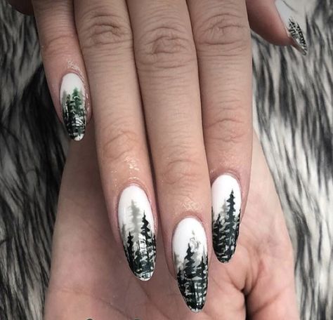 Nails Tree Design, Nails With Tree Design, Twilight Nails Designs, Spooky Forest Nails, Mountain Nails Simple, Twilight Nails Ideas, Topography Nails, Nails Mountain Design, Mountain Themed Nails