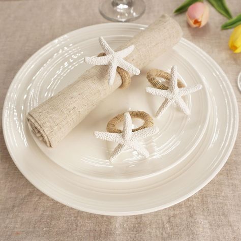 PRICES MAY VARY. 【Handmade Starfish Napkin Rings】 These white starfish napkin rings are made of hemp rope and resin starfish, each one is handmade, which is cute, unique and vivid. These napkin rings coordinate well with coastal, beach, beach theme wedding, farmhouse, any outdoor or rustic indoor table setting. 【Add Personality to Your Table】 Starfish symbolizes forever love and happiness. Decor your dining table with our starfish napkin rings, and bring love and happiness to your home. These co Vintage Beach Party Decor, Classy Beach Theme Party, Coastal Wedding Tablescape, All I Sea Is Love Bridal Shower Theme, Beach Reception Decorations, Mermaid Theme Wedding, Beach Dinner Party, Beach Theme Wedding Reception, Coastal Wedding Ideas