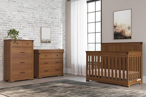 Child Craft Redmond Full Panel 4-Piece Baby Nursery Set with 4-in-1 Convertible Crib, Changing Table Dresser, and Chest, Coach Cherry Chestnut Nursery Furniture, Top Of Dresser, Wood Crib, Changing Table Topper, Baby Furniture Sets, Changing Table Dresser, Toddler Mattress, Adult Bedroom, Arch Design