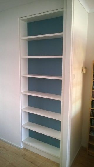 Built-in Bookshelf : 10 Steps (with Pictures) - Instructables Hall Closet Bookcase, Bookshelf Built Into Wall, Bedrooms With Built In Shelves, Closets Into Bookshelves, Build In Wall Shelves, Shelves In Recessed Wall, Recessed Bookcase In Wall, Diy Built In Wall Shelves, Inset Bookshelf In Wall