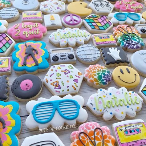 60s Theme Cookies, 70s Theme Dessert, Disco Birthday Cookies, 70s Cookies, 80s Cookies, 90s Themed Birthday, 90th Birthday Party Theme, Buttercream Frosting Cookies, 60th Birthday Cupcakes