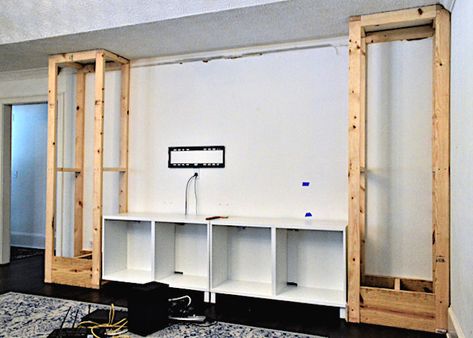 Shiplap built-in structures with IKEA Besta unit Making Floating Shelves, Diy Wall Unit, Tv Fireplace Wall, Built In Tv Unit, Wall Units With Fireplace, How To Make Floating Shelves, Built In Wall Units, Ikea Built In, Tv Fireplace