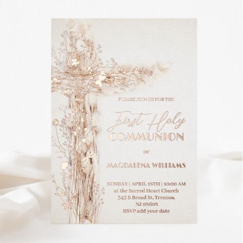 $3.75 | Holy cross First Holy Communion #dried pampas grass boho, wildflowers rose gold beige, catholic religious first holy communion, girly First Communion Invitations Templates, First Holy Communion Invitation Cards, Holy Communion Invitation Cards, Holy Communion Cards, Godmother Outfit, Communion Party Ideas, First Communion Cards, Holy Communion Party, Communion Ideas