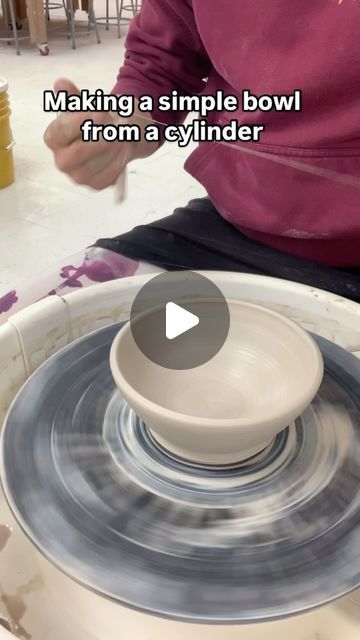 Supporting Clay Artists on Instagram: "Making a bowl from a cylinder when you are a beginner is smart because it gives you an opportunity to pull your walls up and then shape them, instead of doing both at the same time which can be tricky and cause problems for beginners. This is also a good opportunity to practice compressing the bottom of your bowl. Want to learn more? @clay_arts_support is offering a five week online class to improve your throwing skills. This is a class for people who have been throwing for two or three years and want some personalized help in getting them to the next level. #pnwpottery #potteryvideos #potteryclasses #potteryclass #artistsupport" Throw A Bowl On Wheel, Wheel Throwing Ideas Beginner, Beginner Throwing Pottery, Throwing Bowls Pottery Wheel, How To Throw A Bowl On The Wheel, Throwing A Mug On The Wheel, Pottery Throwing For Beginners, Beginner Pottery Wheel Projects, Beginner Clay Projects