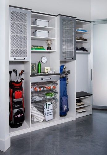 Great sports gear storage. This could work in a garage, shed, or basement. Organized Workspace, Casa Garage, Garage Boden, Golf Room, Sports Storage, Garage Remodel, Modern Garage, Diy Garage Storage, Garage Makeover