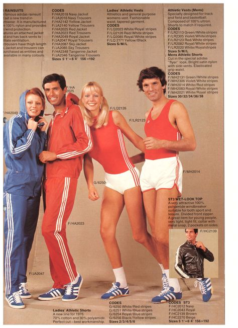 1976 Adidas Catalogue Pages - Football Shirt Culture - Latest Football Kit News and More 70s Sportswear, J Crew Outfits, Decades Of Fashion, Adidas Retro, Red Trousers, Vintage Sportswear, Adidas Tracksuit, Shorts Adidas, Vintage Jerseys