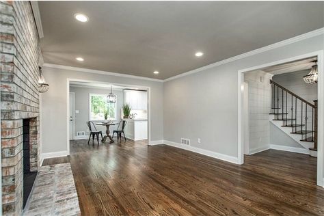 3/4 inch red oak hardwood floors, Minwax dark walnut stain with two coats of satin poly.  Wall color is Sherwin Williams Gossamer Veil. Red Wood Floors, White Oak Wood Floors, Gossamer Veil, Cheap Wood Flooring, Red Oak Hardwood Floors, Redesign Ideas, Hardwood Floor Colors, House Redesign, Oak Wood Floors