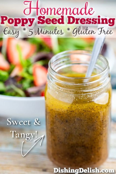 Poppy Seed Dressing is sweet and tangy, made with olive oil, vinegar, spices, sugar, and poppy seeds with a splash of orange juice. It’s the perfect dressing for summer salads, and goes great with strawberries! #poppyseed #saladdressing #recipe #summer #spring #glutenfree #poppyseeddressing Homemade Poppyseed Dressing, Poppy Seed Salad Dressing, Poppyseed Dressing Recipe, Poppyseed Salad Dressing, Poppy Seed Salad, Salad Strawberry, Salad Appetizer Cups, Seed Salad, Poppyseed Dressing