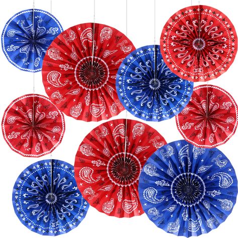 PRICES MAY VARY. Package Includes: you will receive18 pieces of cowboy party decorations fans in different patterns, available in 3 sizes, rich patterns and sizes hanging together for a visual display, which can add a happy atmosphere to your western party Appropriate Fans Size: there are 3 different size of bandana hanging paper fans classroom decorations for you to choose, about 8 inch/ 12 inch/ 16 inch, 6 pieces in each size, the proper size will match well with other western party supplies E Cowboy Themed Party, Cowboy Party Decorations, Country Birthday Party, Wall Garland, Cowboy Theme Party, Paper Fan Decorations, Wild West Party, Rainbow Party Decorations, Western Birthday Party