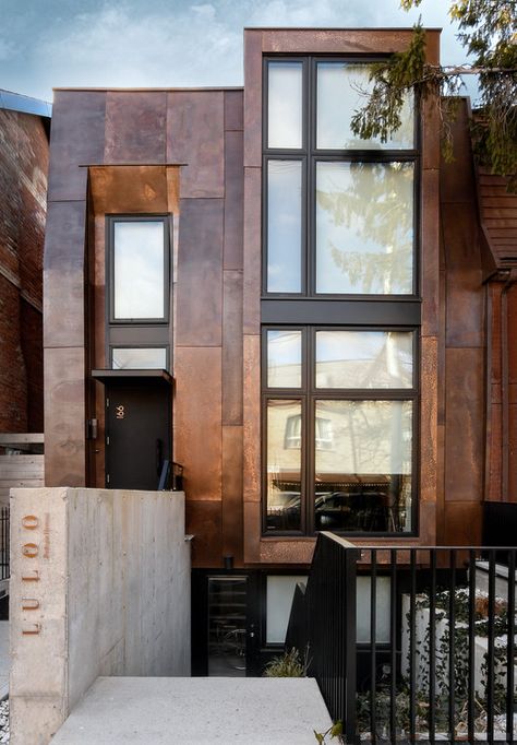 Copper In Architecture, Copper House, House Front Door Design, Copper Interior, Apartment Exterior, Metal Cladding, House Design Exterior, Copper Design, Apartment Architecture