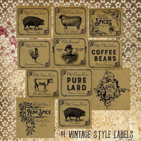 Free Vintage Labels, Farmhouse Printables Free, Vintage Labels Printables Free, Vintage Pantry Labels, Printable Lables, Primitive Labels, Vintage Labels Printables, Fonts Ideas, Vintage Paper Printable