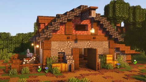 Cowboy House Minecraft, Minecraft Donkey Stable, Red Barn Minecraft, Spruce Barn Minecraft, Animal Stable Minecraft, Minecraft Barnhouse, Minecraft Archery House, Ranch House Minecraft, Barns Minecraft