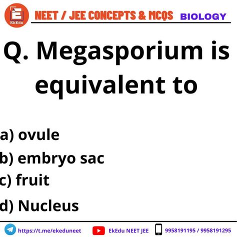 Are you preparing for the NEET 2021-22?. Let's solve these Biology questions and test your IQ. These Questions are Listed by the Experts and comment on the correct answer. Explore for more NEET Biology questions👇👇👇👇👇 To Join Our Courses Fill This Form: https://bit.ly/3pSkkoH . . . . . . . . . #neetpreparation #neet2021 #neetcoaching #questionoftheday #questionschallenge #neetbiology #biology #bio #ekedu Neet Biology, Test Your Iq, Question Of The Day, Biology, Let It Be