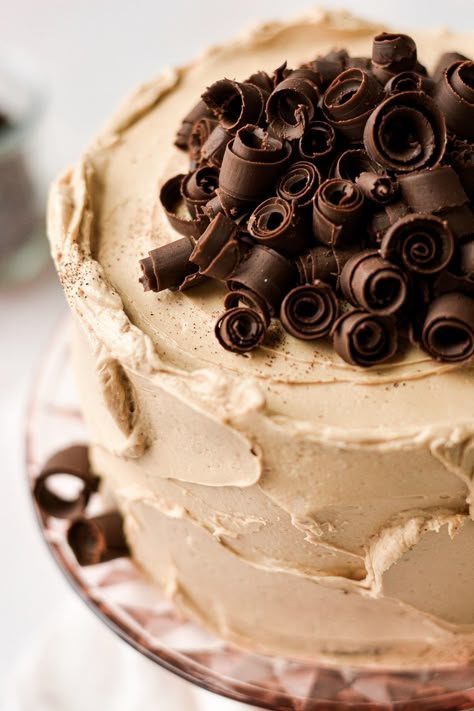 Espresso Cake Recipe, Fluffy Coffee, Chocolate Espresso Cake, Espresso Cake, Coffee Buttercream, Chocolate Curls, Chocolate Espresso, High Altitude, How Sweet Eats