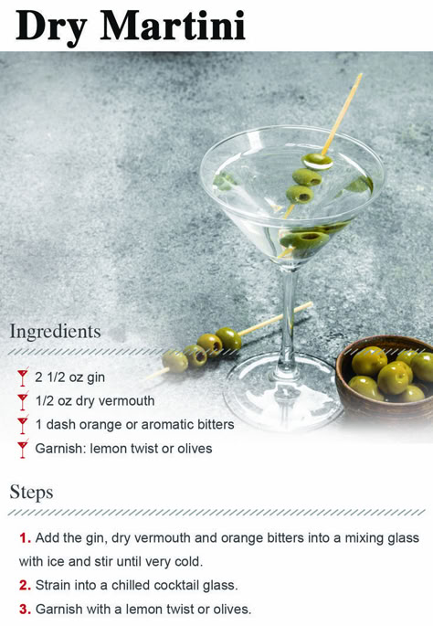 Dry Martini Recipe, Bartending 101, Martini Ingredients, Dry Martini, Aromatic Bitters, Dry Vermouth, Martini Recipes, Alcohol Drink Recipes, Drinks Alcohol Recipes