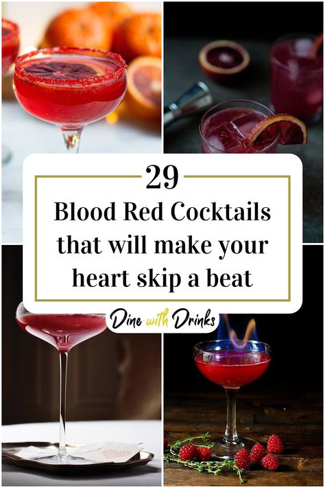 Collage of 4 blood red cocktails. Cocktails Not Sweet, Red Alcohol Drink Ideas, Red Moon Over Manhattan Cocktail, Red Drink Ideas, Red Halloween Alcoholic Drink, Red Themed Drinks, Blood Red Cocktails, Iv Bag Drinks Recipes, Vampire Themed Cocktails