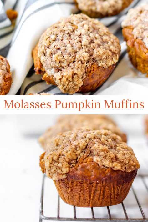 Super moist pumpkin muffins with molasses to make these muffins soft and moist. Topped with a streusel made of quick oats, sugars, and cinnamon this pumpkin muffins is the best blend of sweet and spiced. #pumpkin #muffins #pumpkinmuffinrecipe Pumpkin Molasses, Pumpkin Oat Muffins, Moist Pumpkin Muffins, Molasses Muffins, Pumpkin Oats, Gf Breakfast, Pumpkin Muffin Recipes, Recipes Bread, Bran Muffins