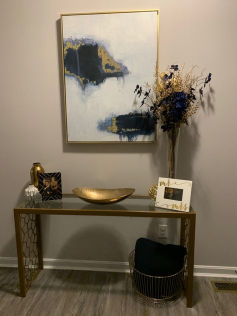 Glass Entrance Table Decor, Navy And Gold Hallway, Navy Blue And Gold House Decor, Black And Gold Entryway Decor, Gold Entryway Table Decor, Blue And Gold House Decor, Front Entry Table Decor, Foyer Decorating Entryway Front Entry, Apartment Decor Styles